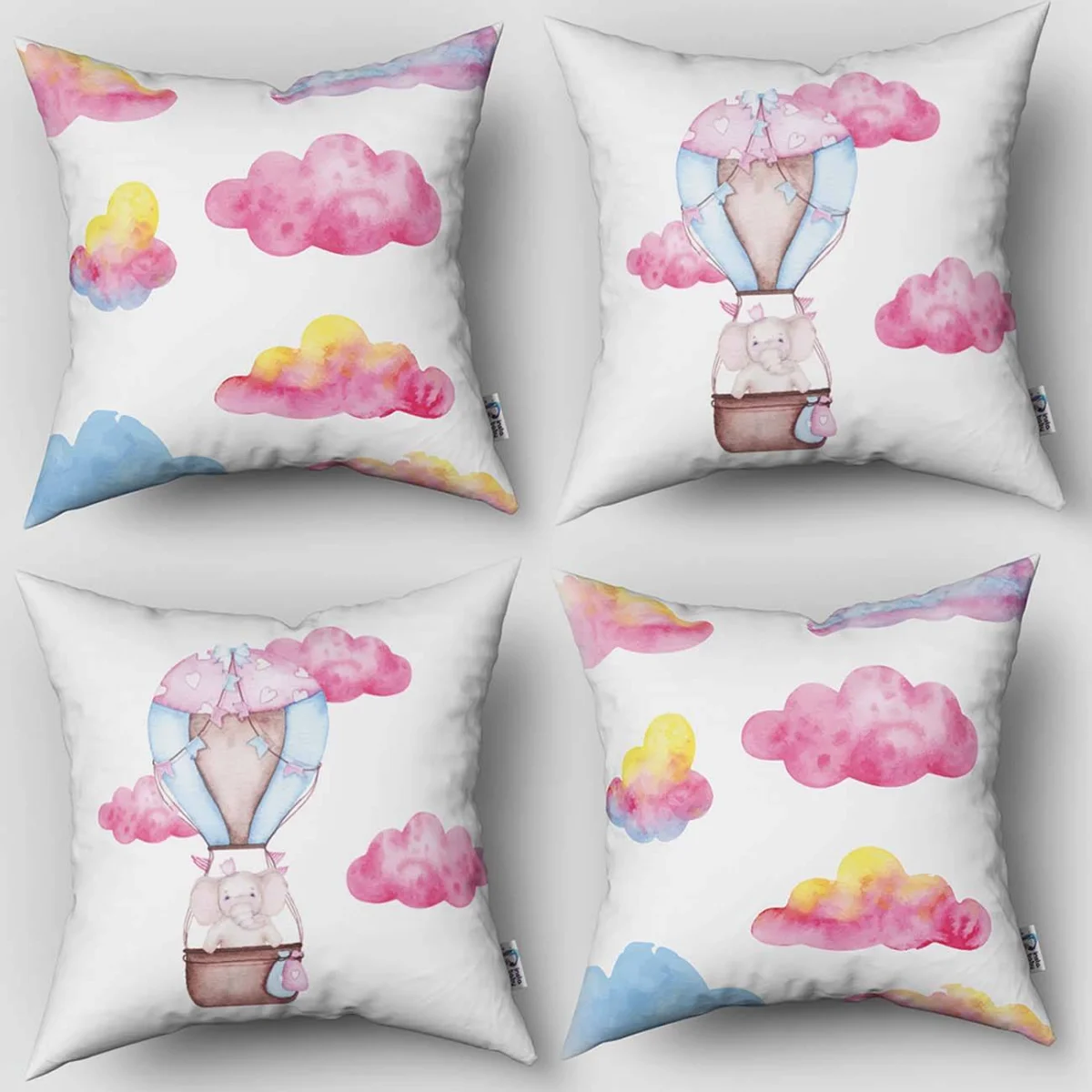 Fil, Sıcak hava balonu 4lü Kırlent | Beyaz pembe bulut, kalp Desenli