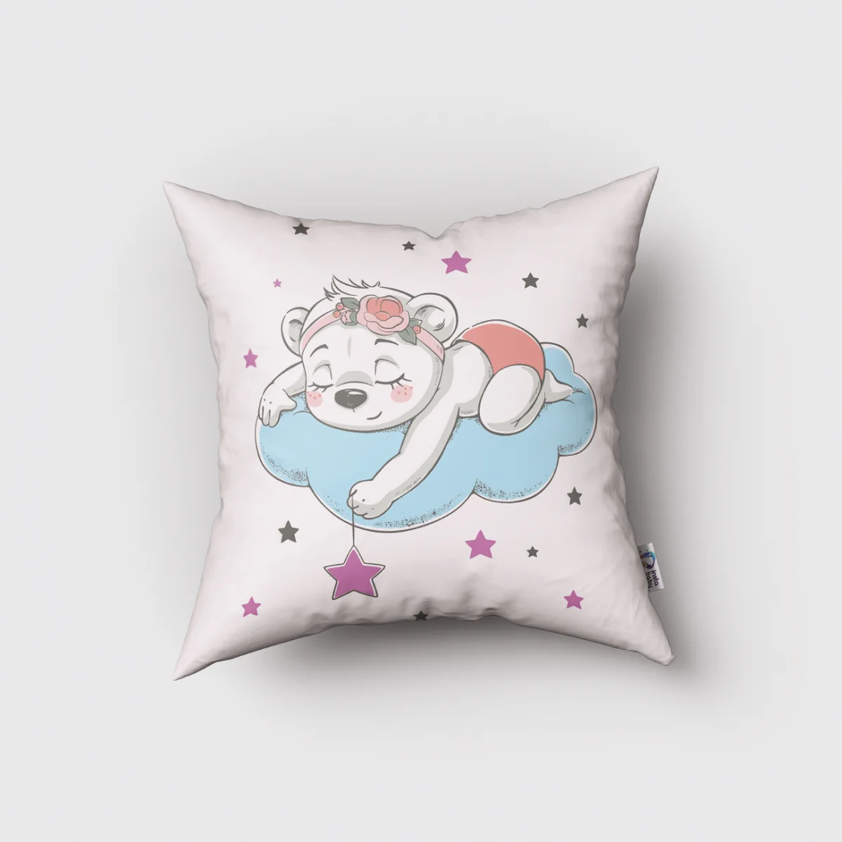 Uyuyan Ayıcık Kırlent Kılıfı | Lila yıldız, bulut Desenli