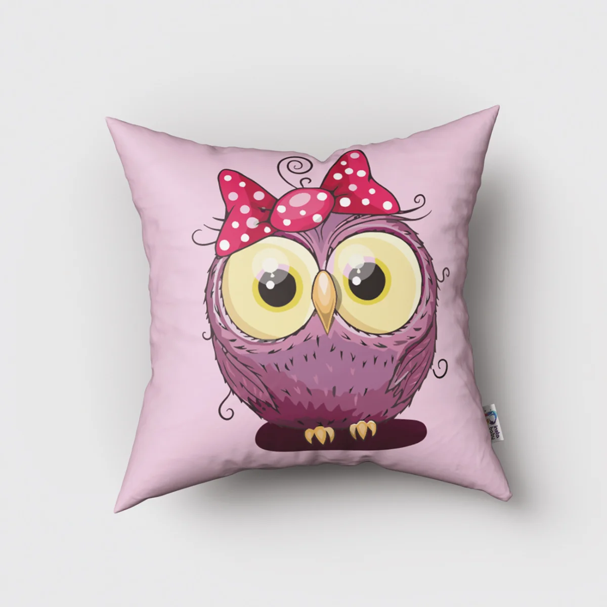 Baykuş Kırlent Kılıfı | Pembe sevimli mor baykuş, puantiyeli fiyonk Desenli
