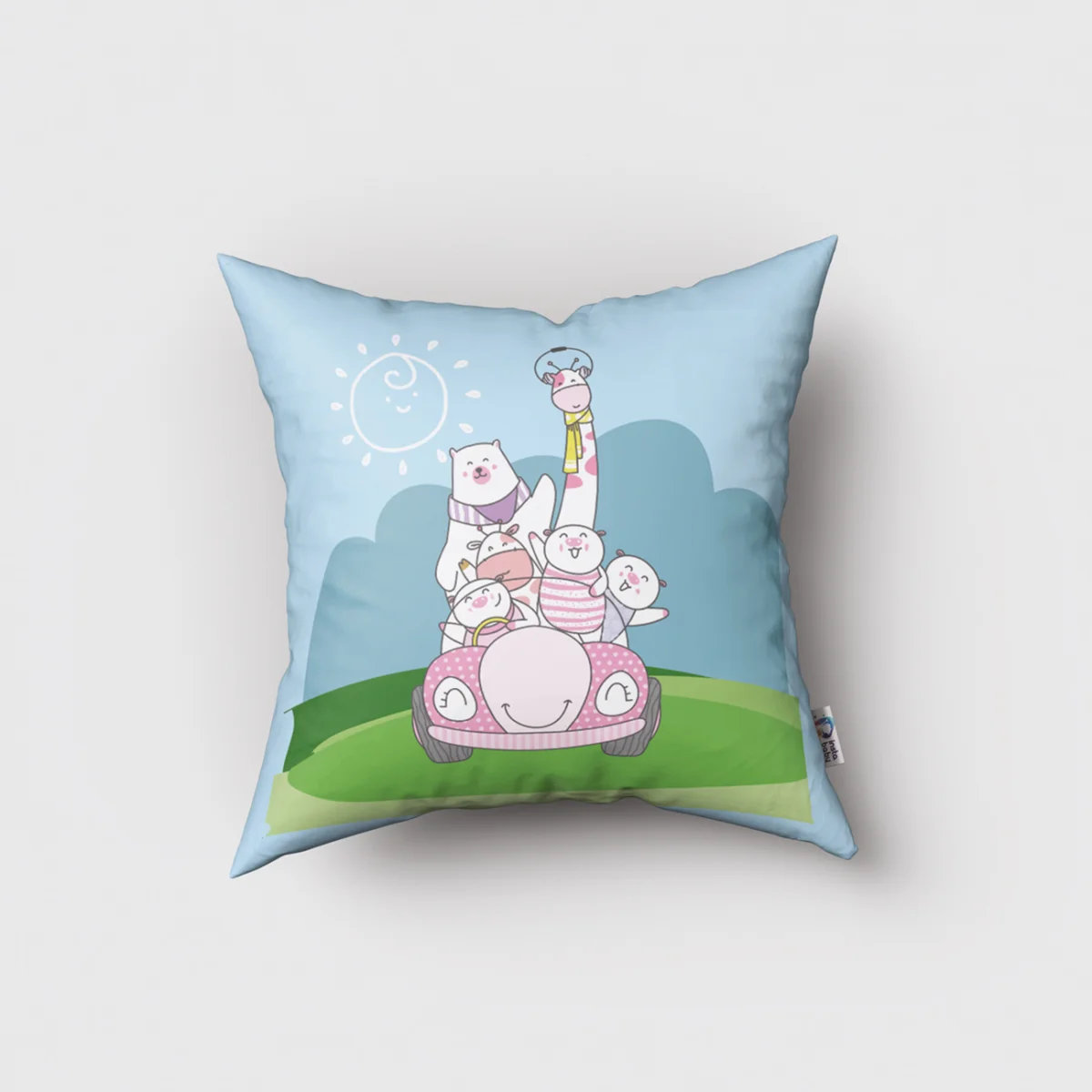 Orman Hayvanları Kırlent Kılıfı | Mavi bulut, güneş Desenli