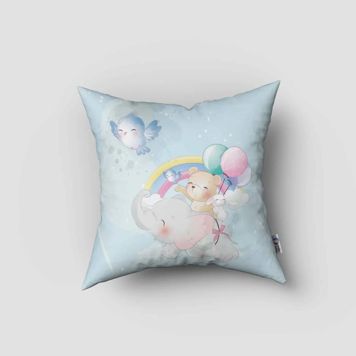 Sevimli Hayvanlar Kırlent Kılıfı | Mavi bulut, gökkuşağı Desenli