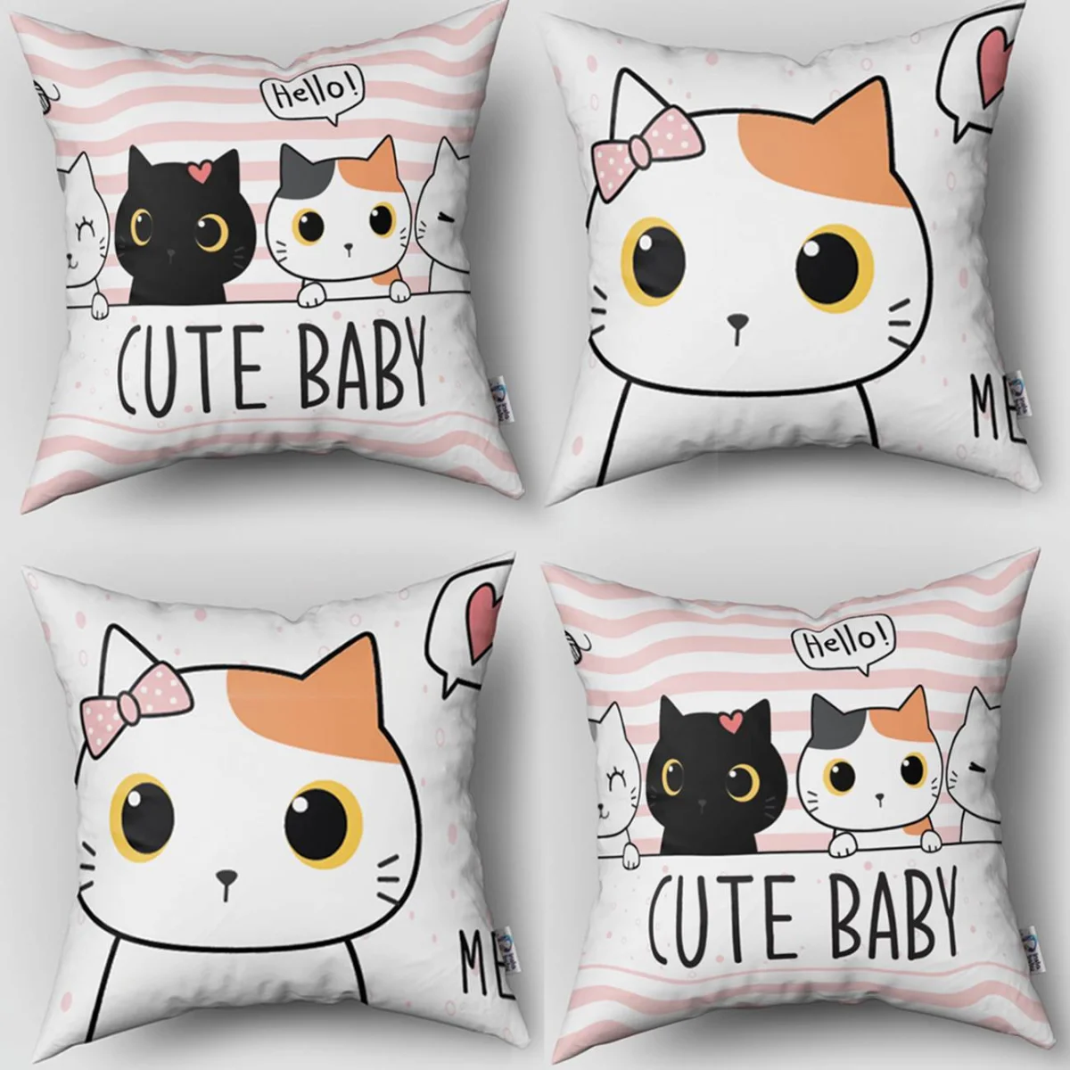 Kedi 4lü Kırlent | Pembe Çizgili, puantiye Desenli