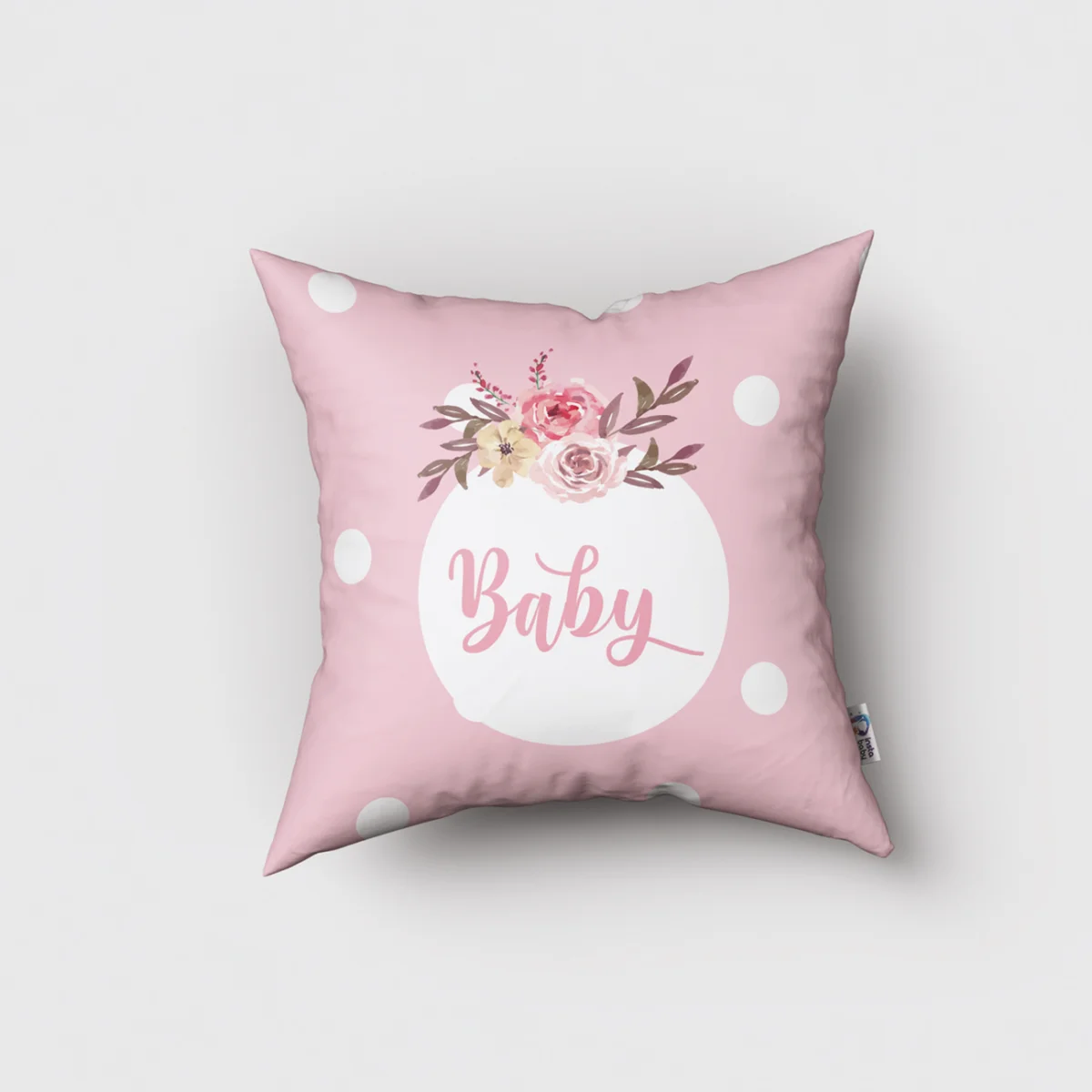 Çiçekli Baby Kırlent Kılıfı | Pembe beyaz puantiye, çiçekler Desenli