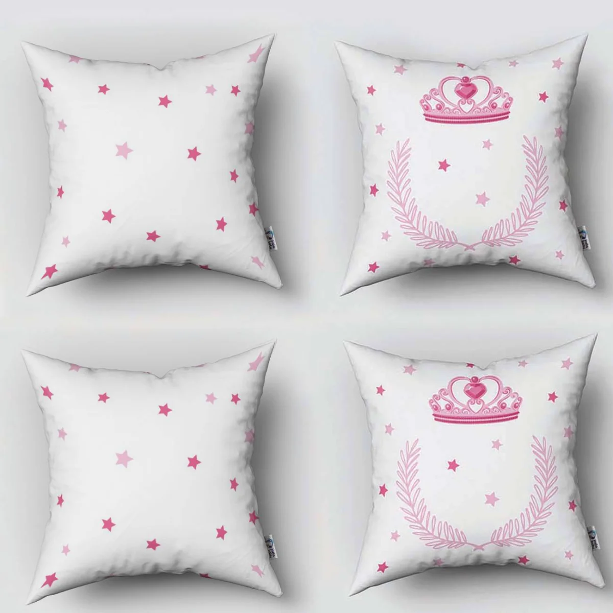 Prenses tacı 4lü Kırlent | Beyaz Pembe yıldızlar, yaprak desenleri Desenli