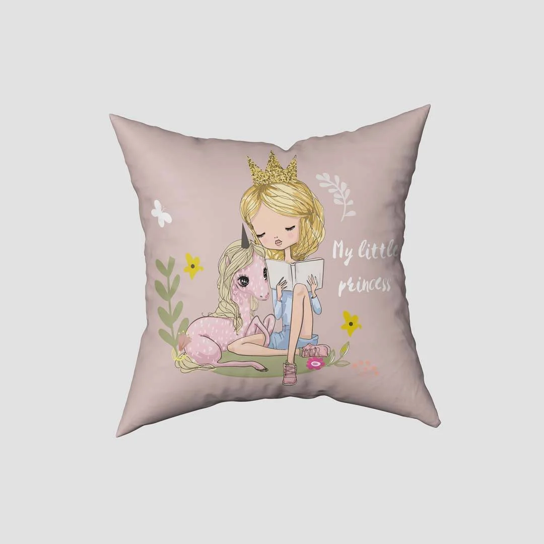 Prenses ve Unicorn Kırlent Kılıfı | Pembe Kelebekler, çiçekler Desenli