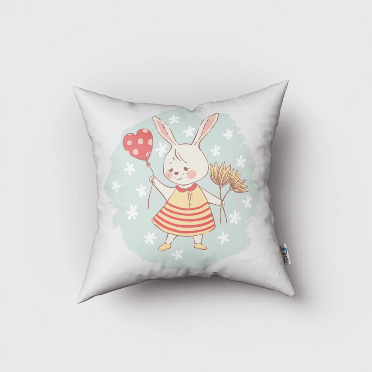 Sevimli Tavşan Kırlent Kılıfı | Beyaz küçük çiçekler, kalp balon Desenli