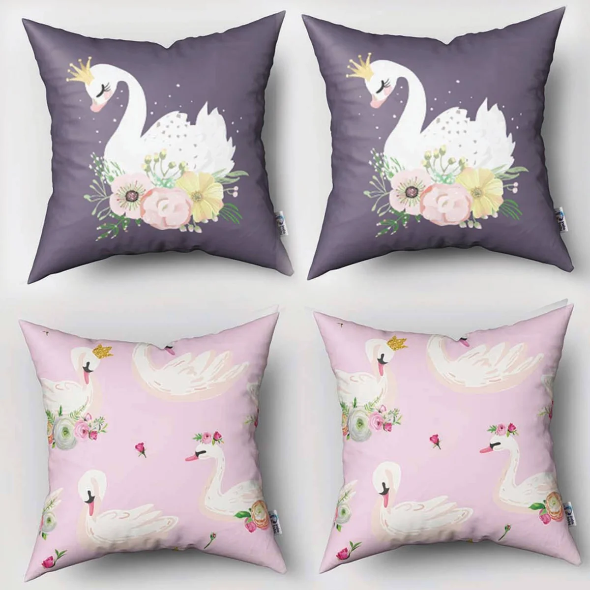 Kuğu Prenses 4lü Kırlent | Mor taç, çiçekler Desenli