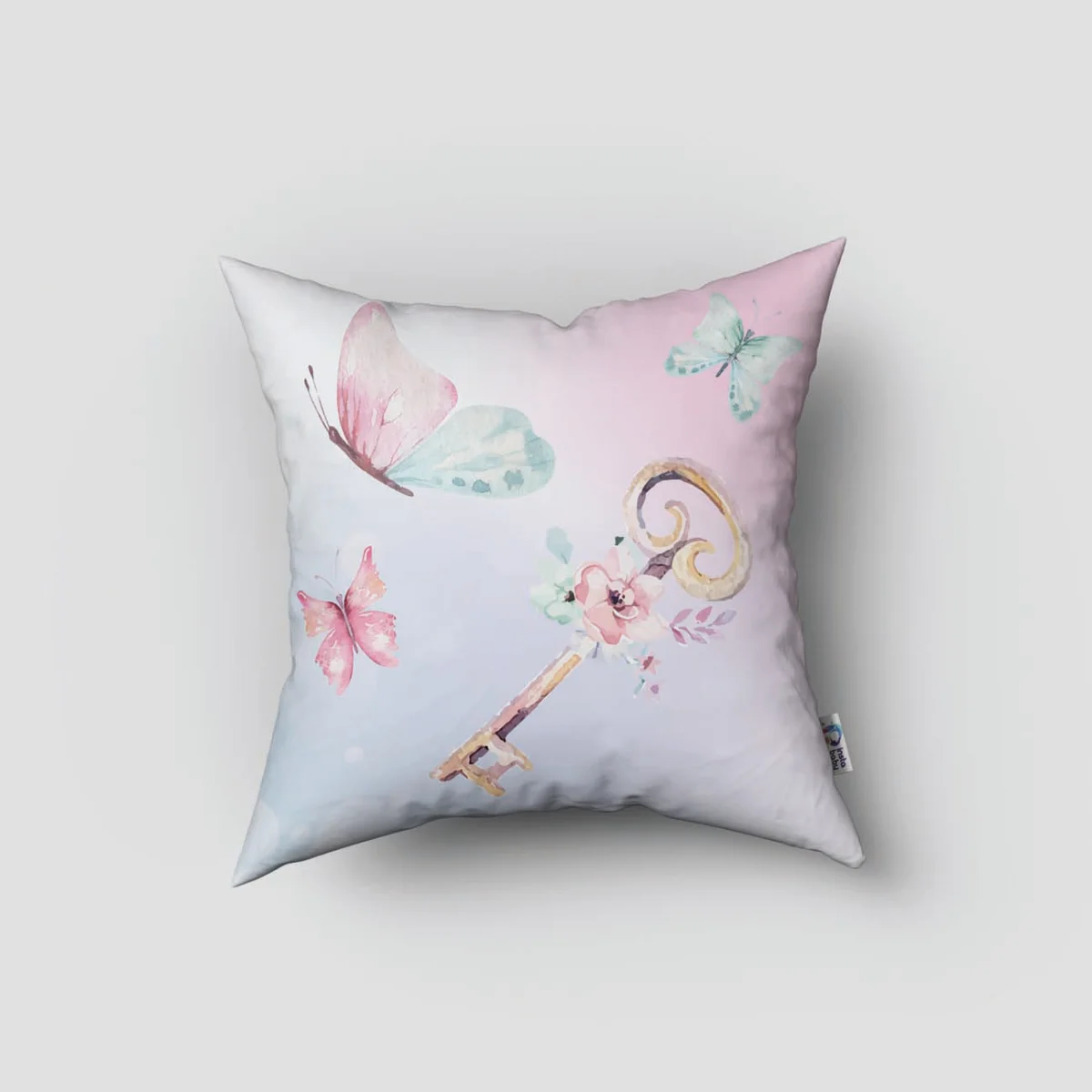 Kelebekler Kırlent Kılıfı | Pembe Yapraklar, çiçekler Desenli