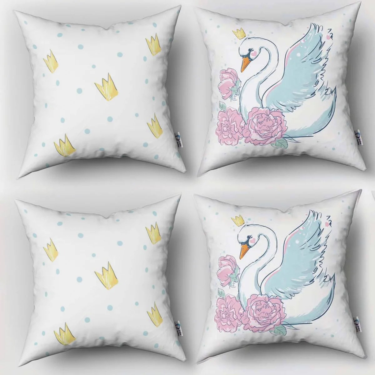 Kuğu 4lü Kırlent | Beyaz taç, pembe çiçekler Desenli