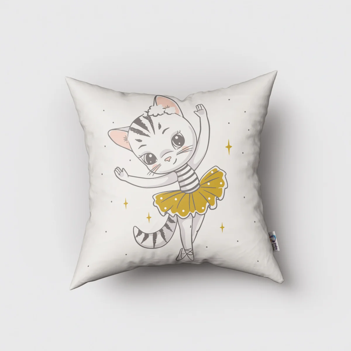 Balet Kedi Kırlent Kılıfı | Beyaz yıldızlar, puantiye Desenli