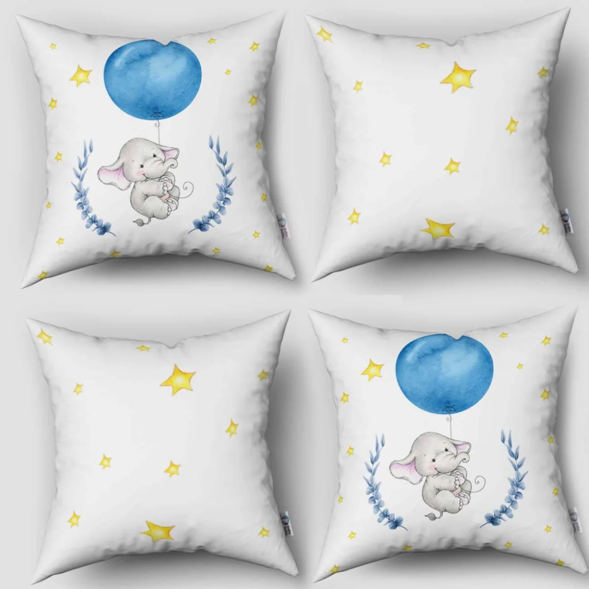 Fil 4lü Kırlent | Beyaz yıldız, mavi balon Desenli