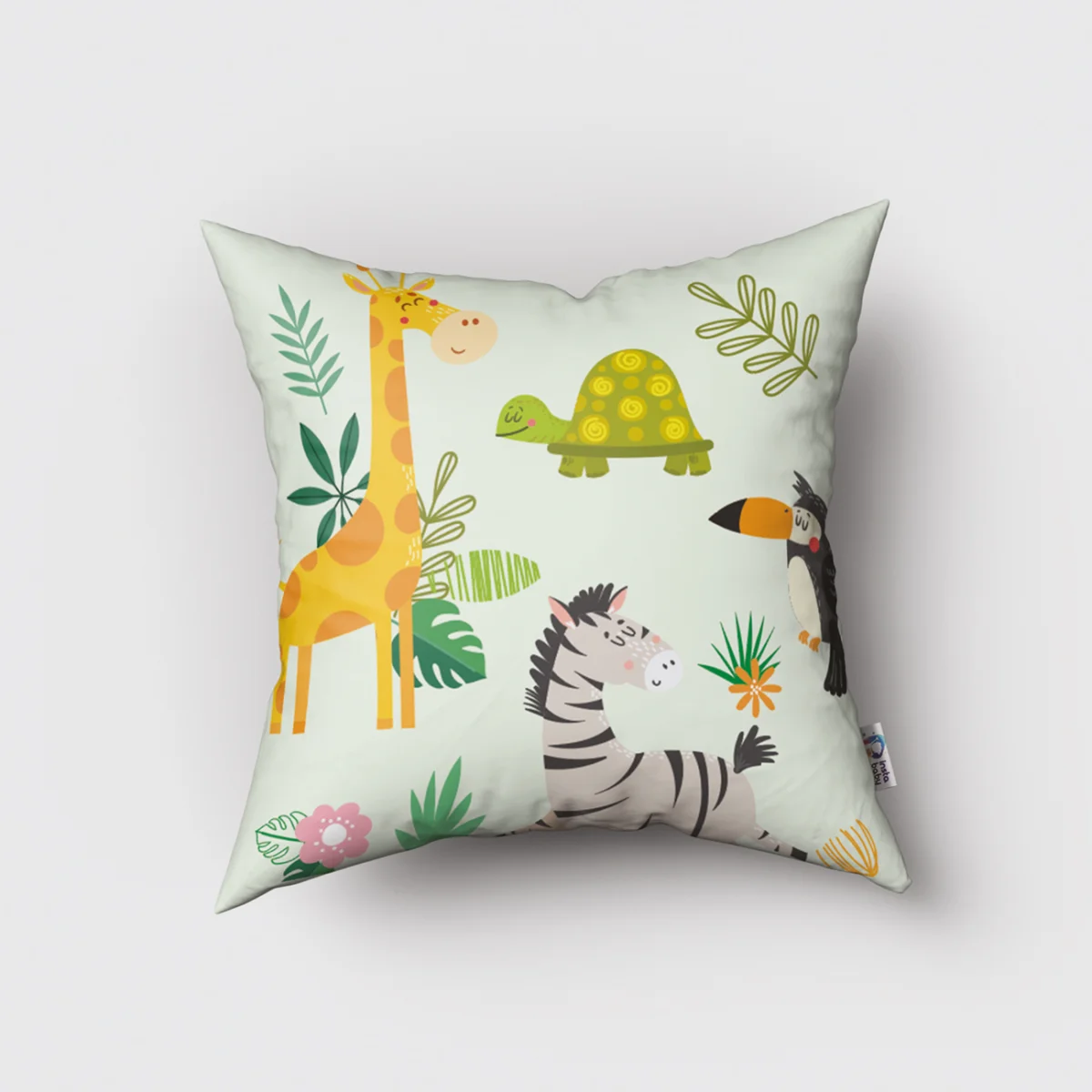 Zürafa, Orman Hayvanları Kırlent Kılıfı | Açık Yeşil tropikal yapraklar, çiçekler Desenli