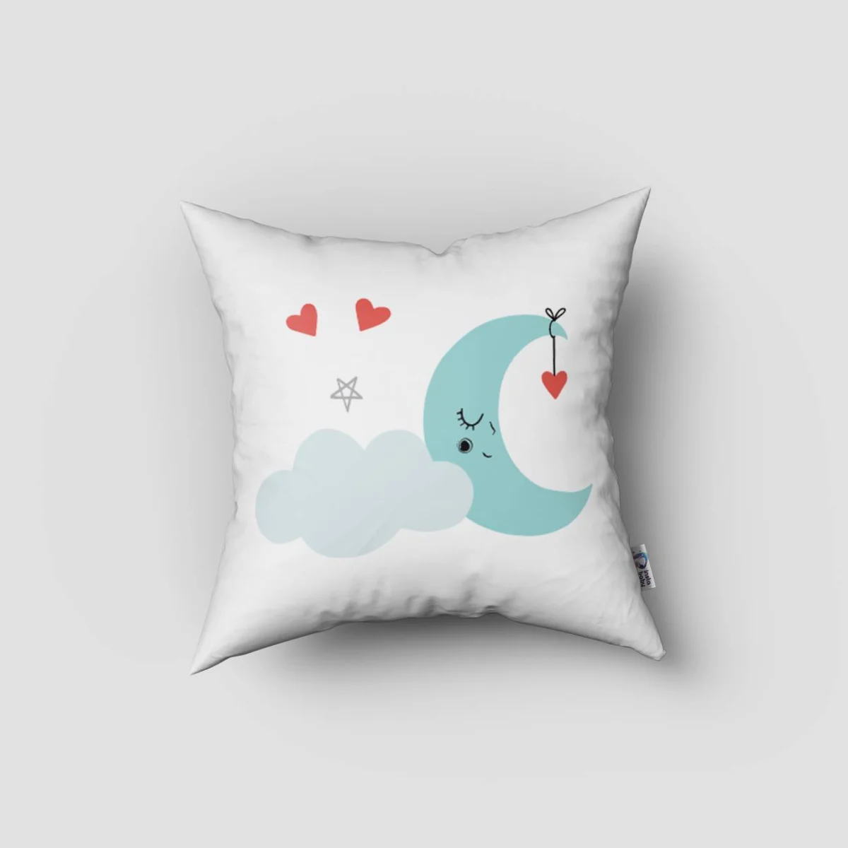 Ay ve Kalpler Kırlent Kılıfı | Beyaz uyuyan ay, bulut Desenli