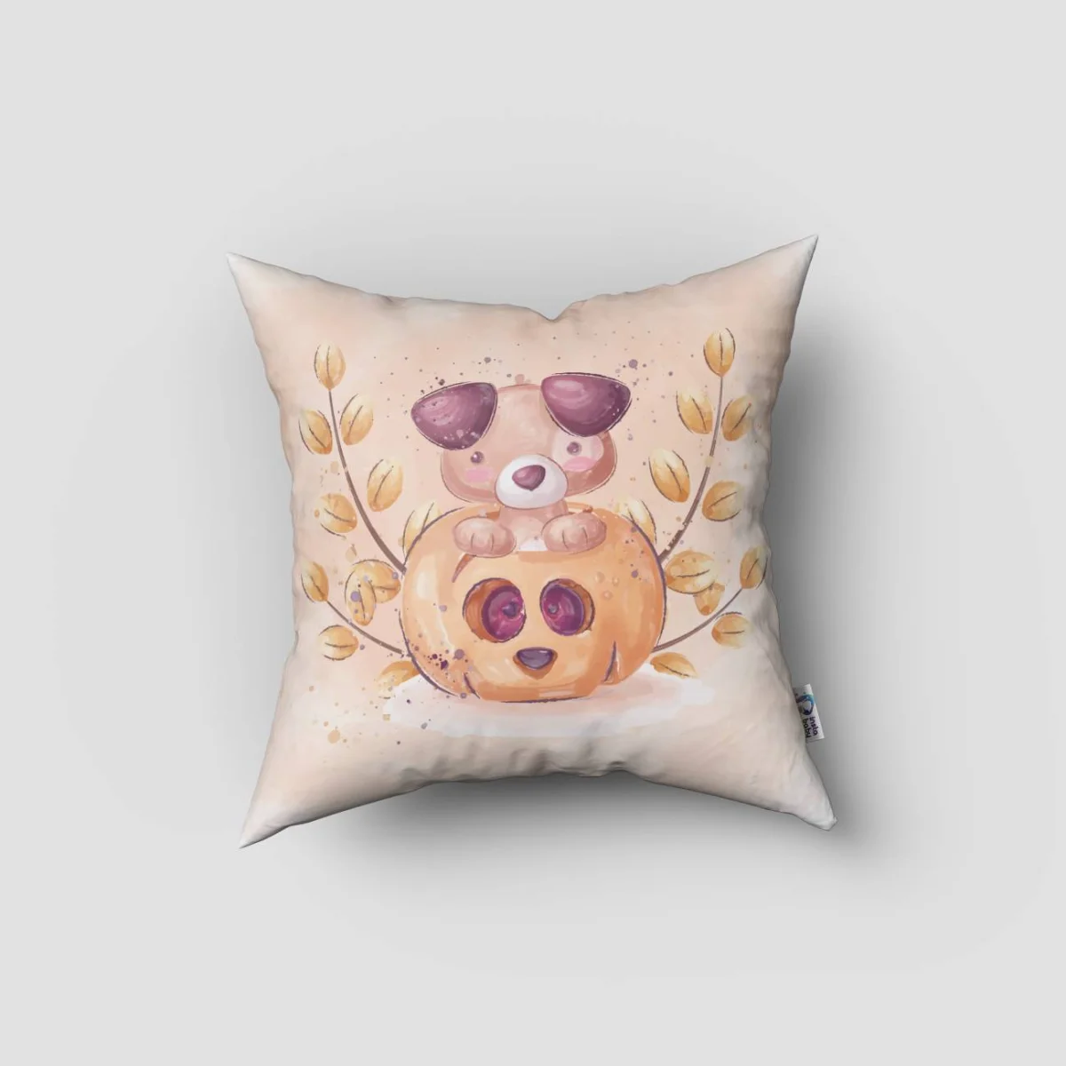 Köpek Yavrusu Kırlent Kılıfı | Şeftali balkabağı, sonbahar dalları Desenli