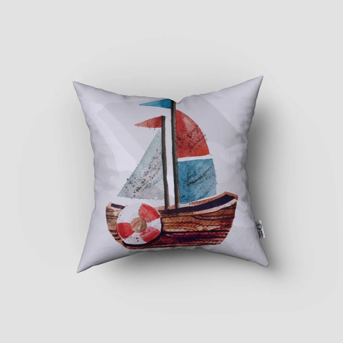 Yelkenli Tekne Kırlent Kılıfı | Beyaz cankurtaran simidi, kırmızı Desenli