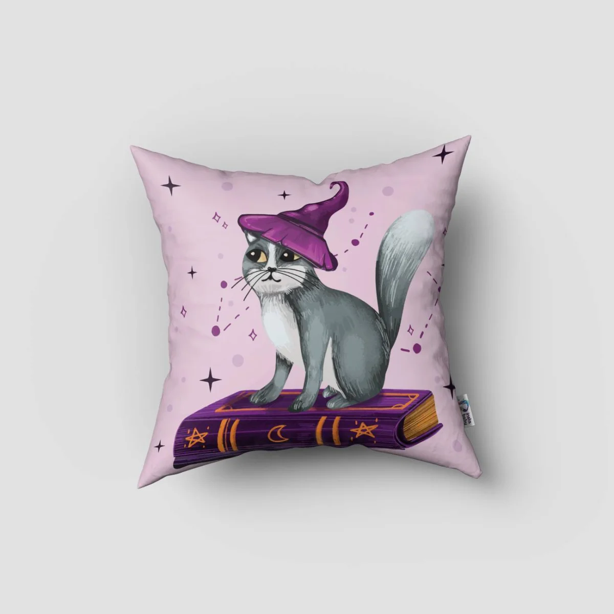 Sihirli Kedi Kırlent Kılıfı | Açık Mor Yıldızlar, ay Desenli