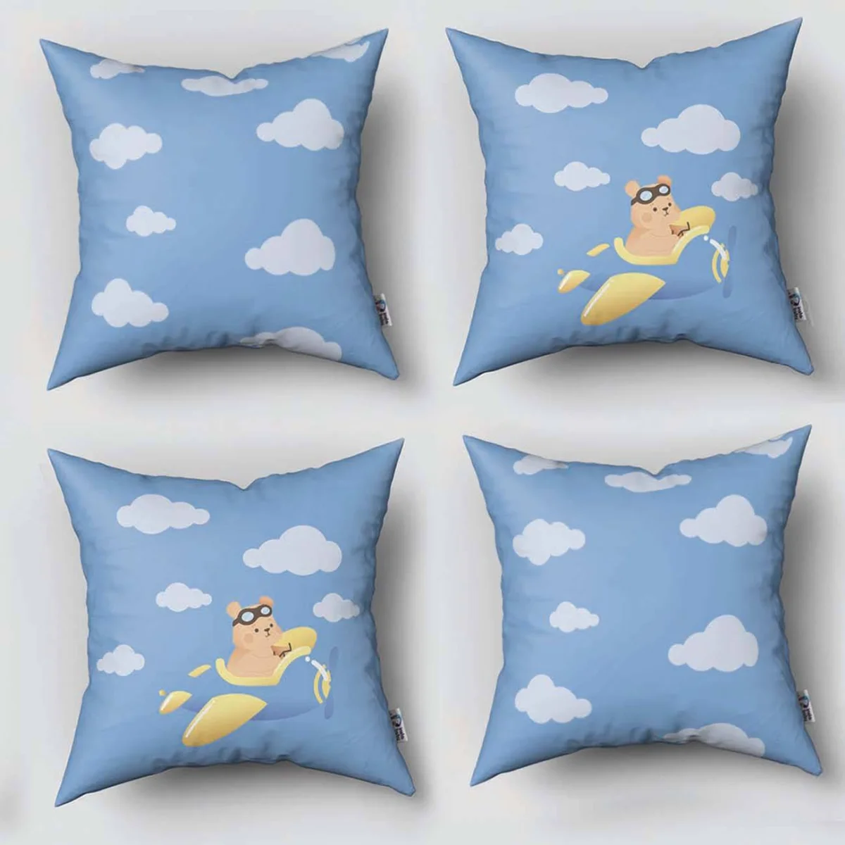 Pilot Ayı 4lü Kırlent | Mavi bulutlar Desenli