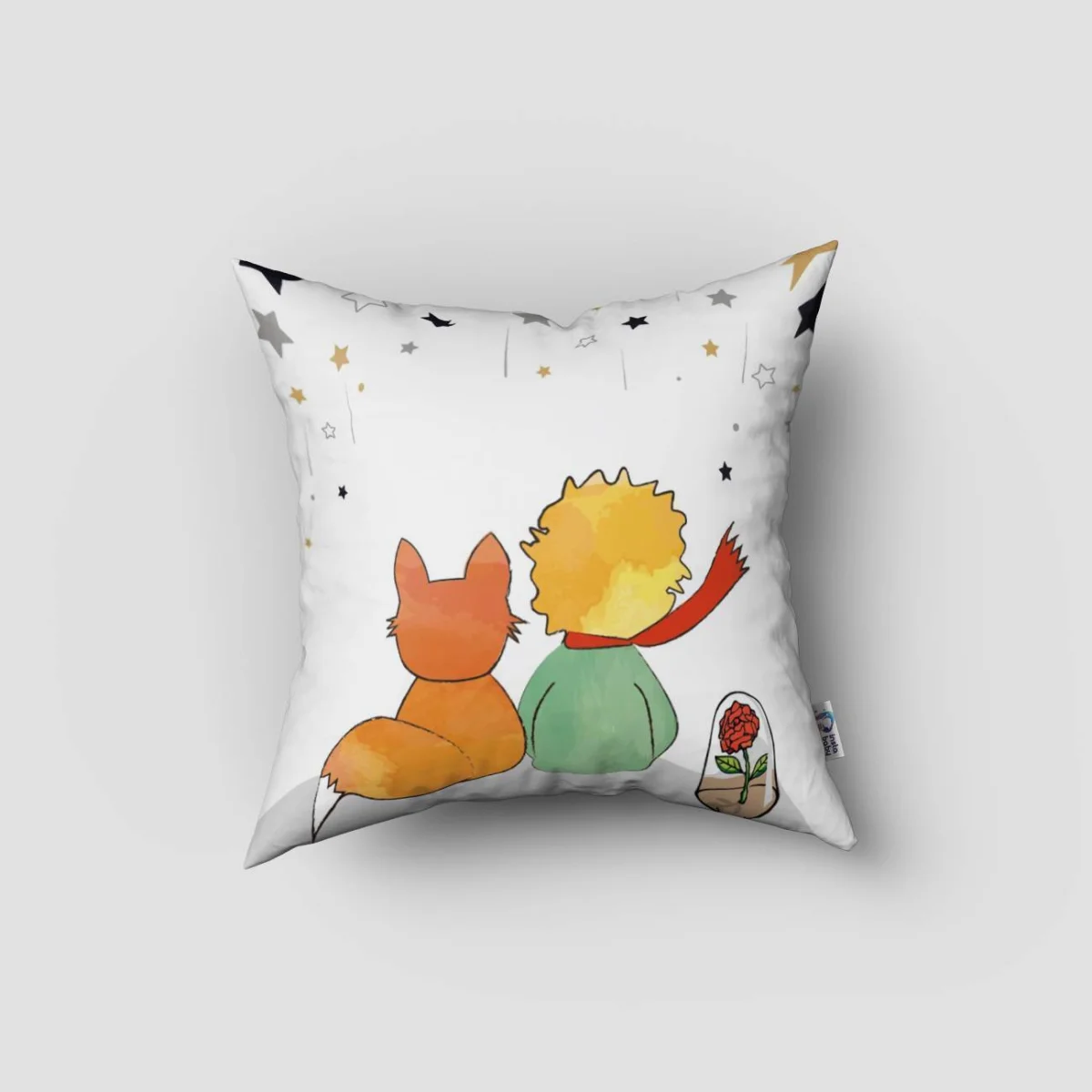 Küçük Prens, Tilki, Gül Kırlent Kılıfı | Beyaz yıldızlar, gri Desenli