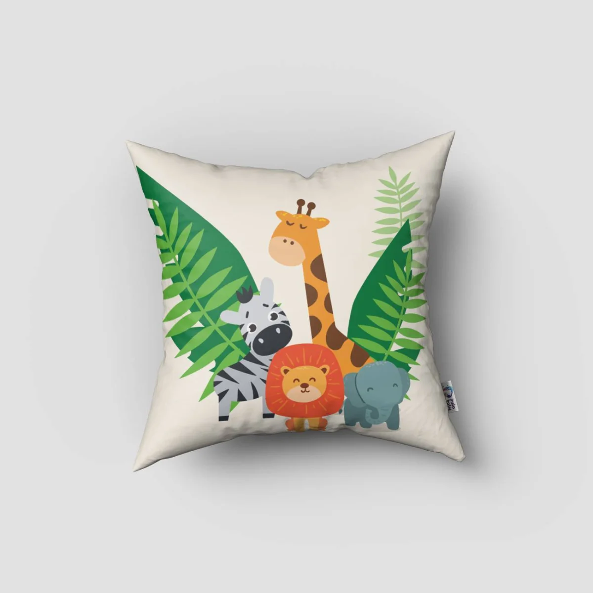 Orman Hayvanları Kırlent Kılıfı | Beyaz Yapraklar, kuşlar Desenli