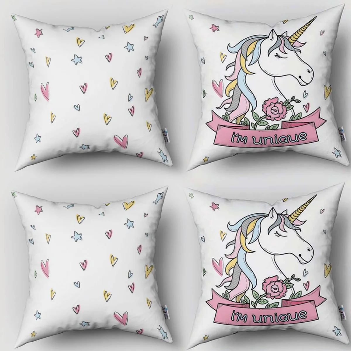 Unicorn 4lü Kırlent | Beyaz kalpler, yıldızlar Desenli