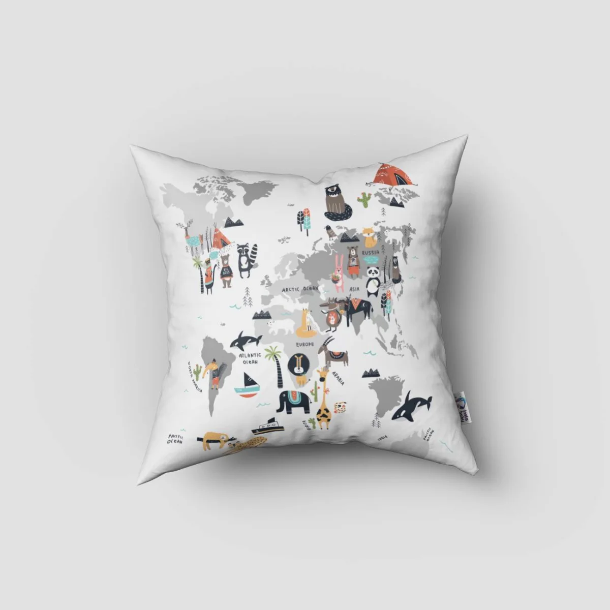 Dünya Haritası ve Hayvanlar Kırlent Kılıfı | Beyaz kıtalar, okyanuslar Desenli