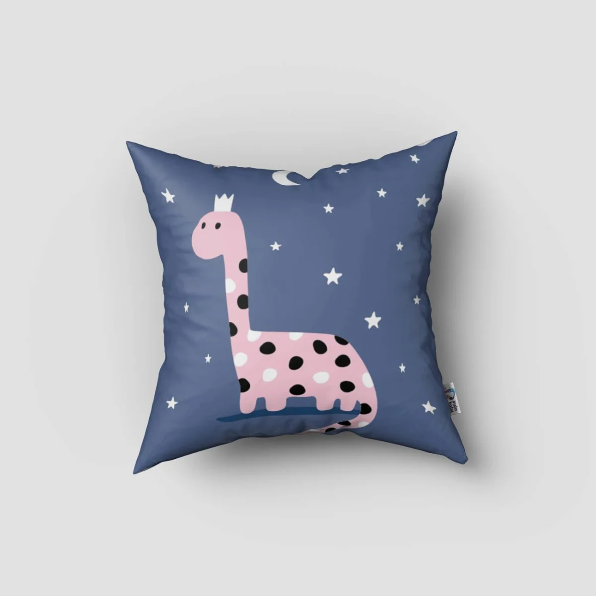 Taçlı Dinozor Kırlent Kılıfı | Mavi ay, yıldız Desenli