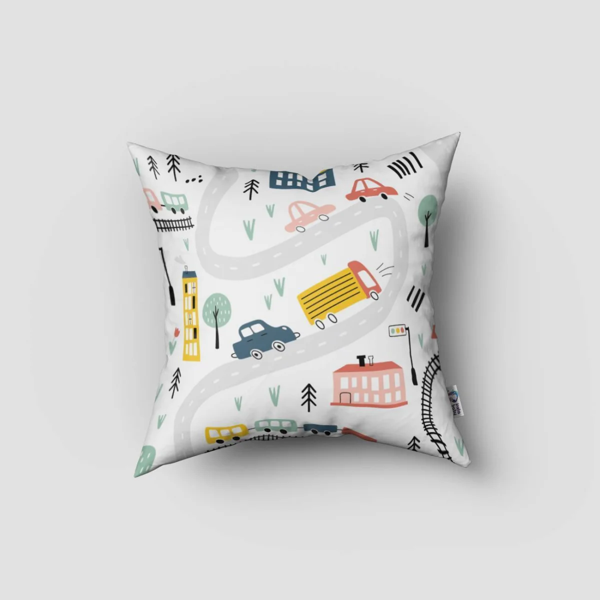 Şehir ve Araçlar Kırlent Kılıfı | Beyaz Yollar, binalar Desenli