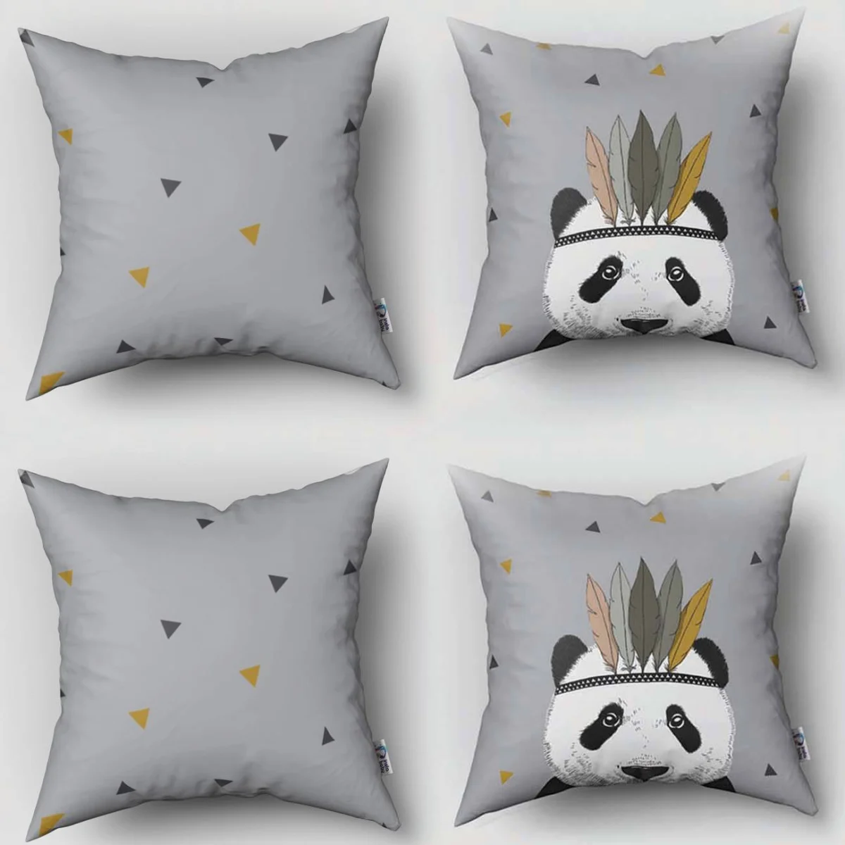Panda 4lü Kırlent | Gri tüylü taç, sarı ve gri üçgenler Desenli