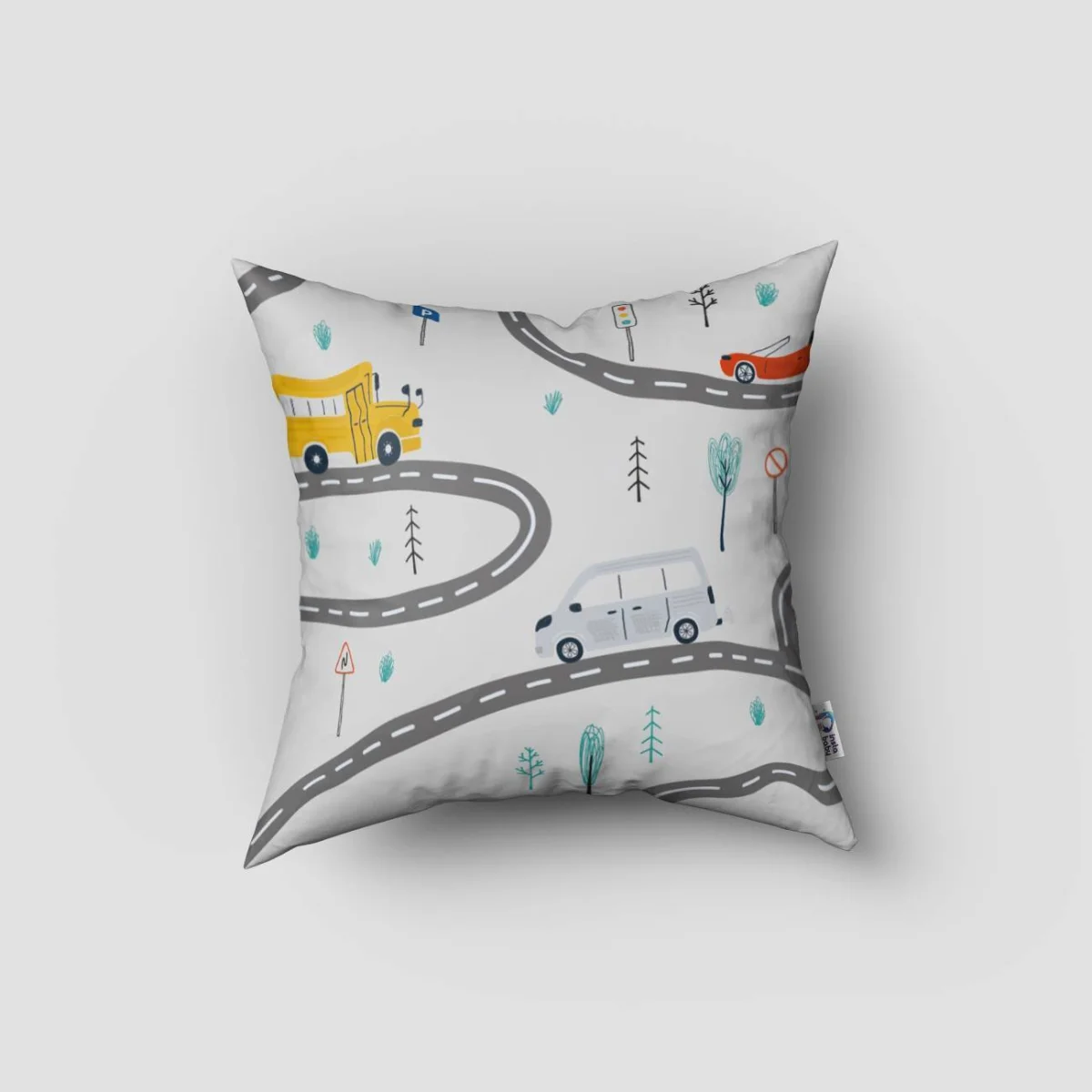 Araçlar Kırlent Kılıfı | Beyaz yollar, arabalar Desenli