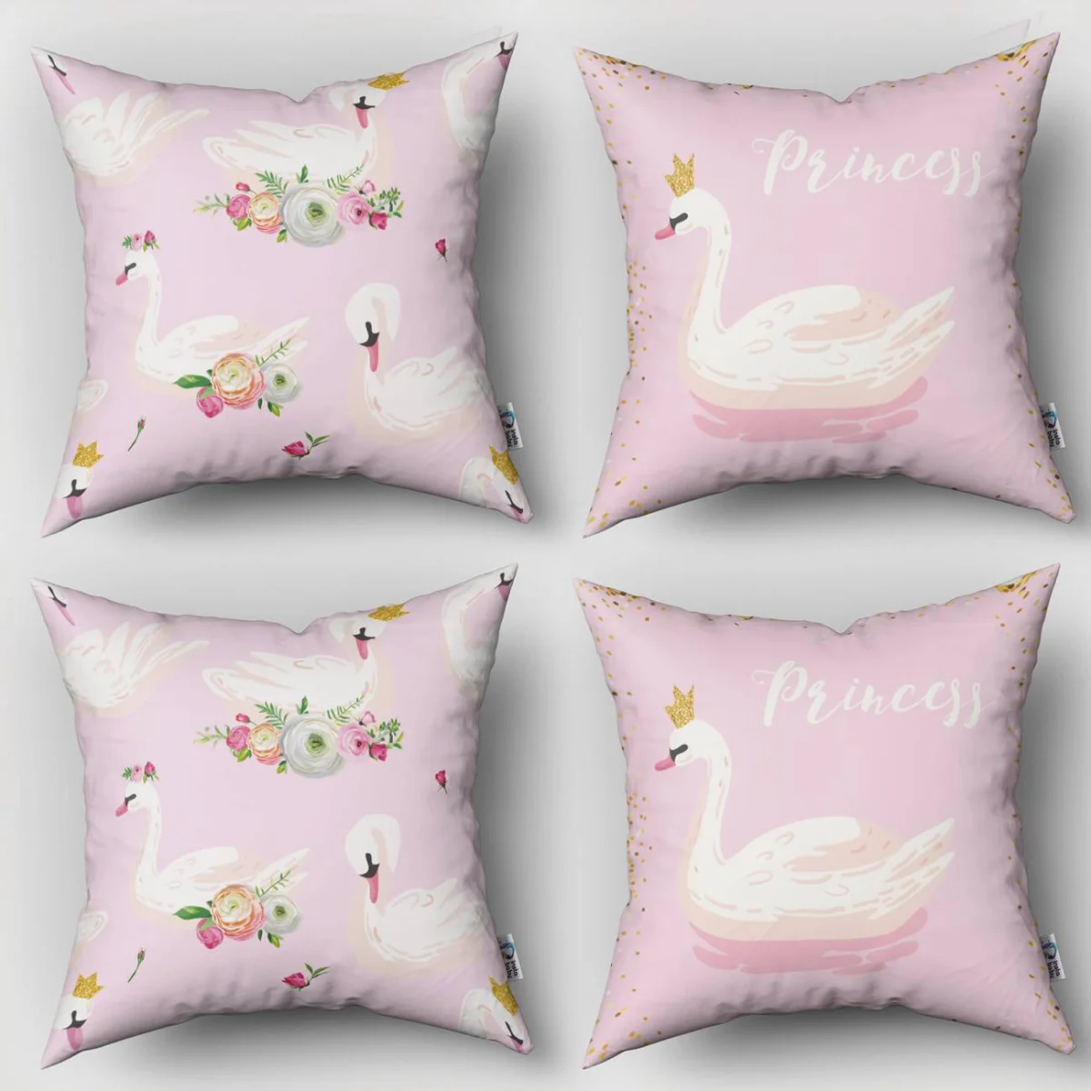 Prenses Kuğu 4lü Kırlent | Pembe Altın noktalar ve çiçekler Desenli