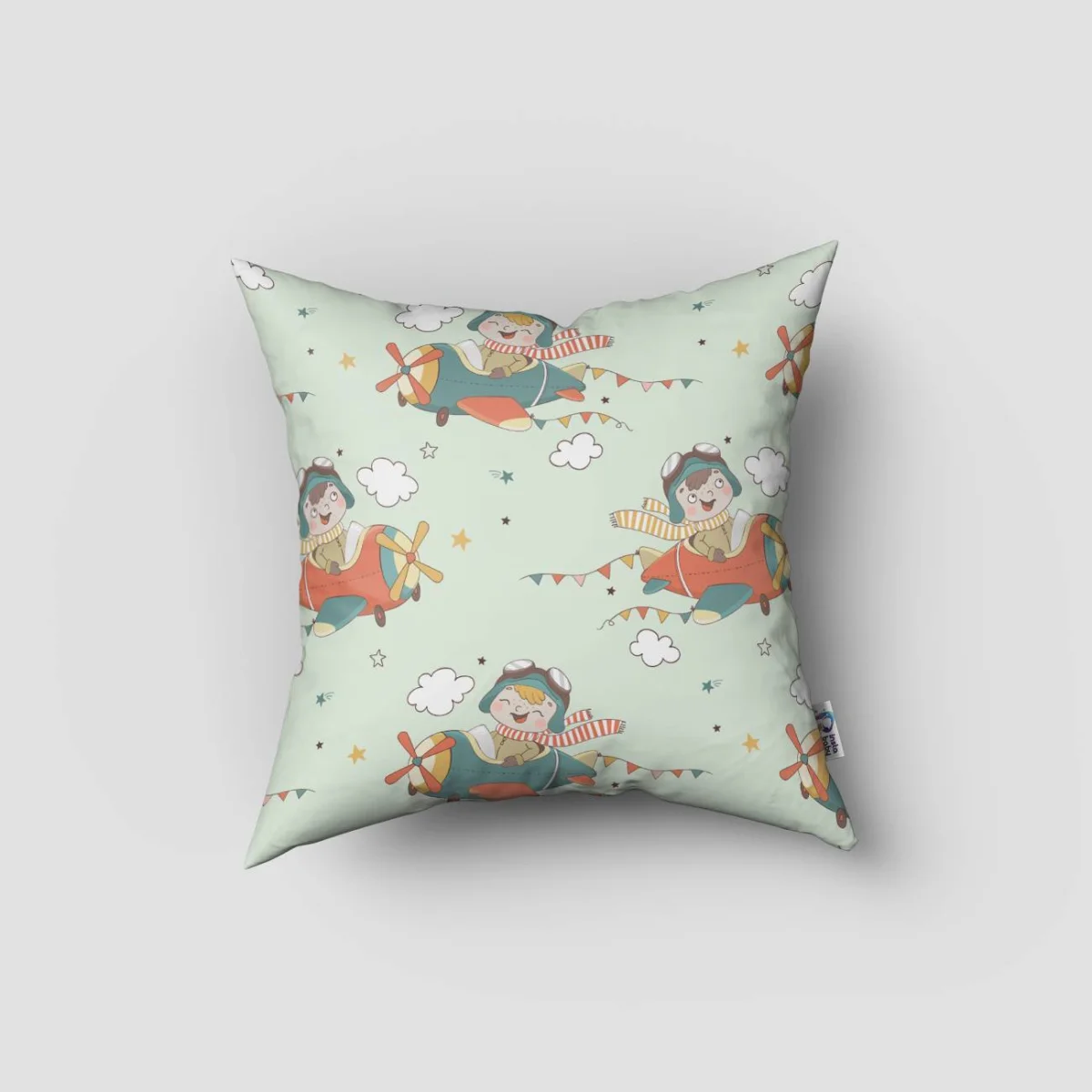 Küçük Pilot, Uçak Kırlent Kılıfı | Açık Yeşil yıldız, bulut Desenli