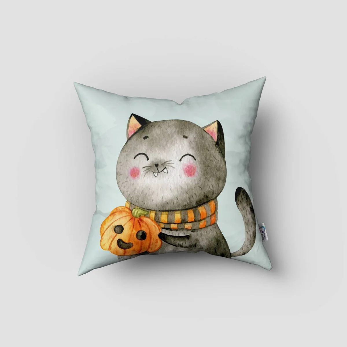 Kedi ve Hayaletler Kırlent Kılıfı | Açık Mavi Kedi, hayaletler Desenli