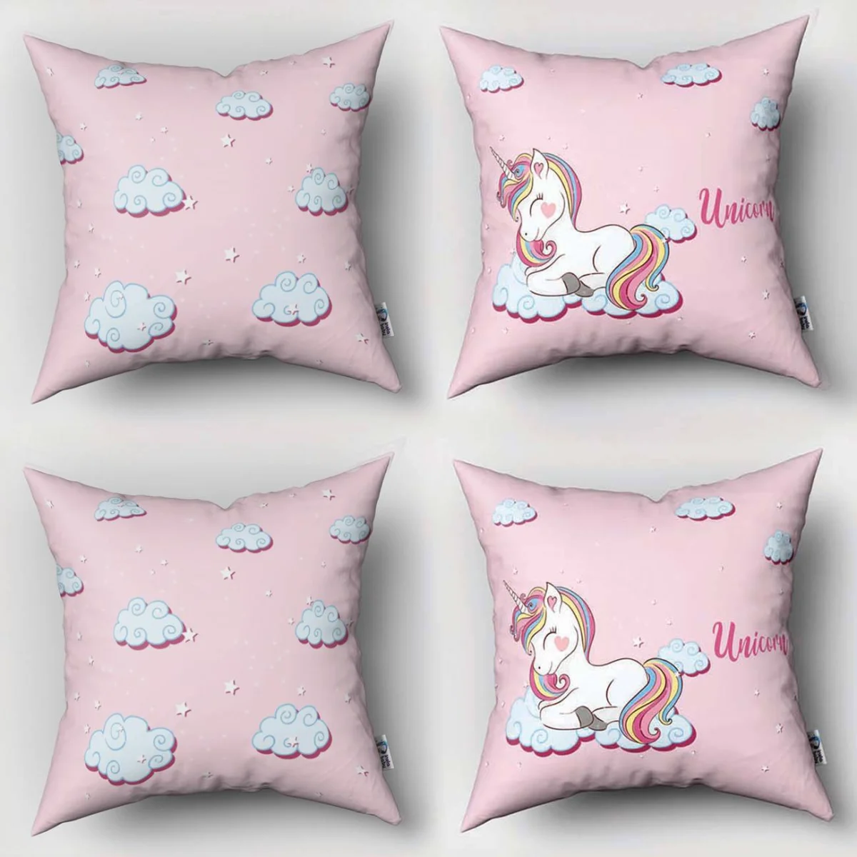 Unicorn 4lü Kırlent | Pembe bulut, yıldız Desenli