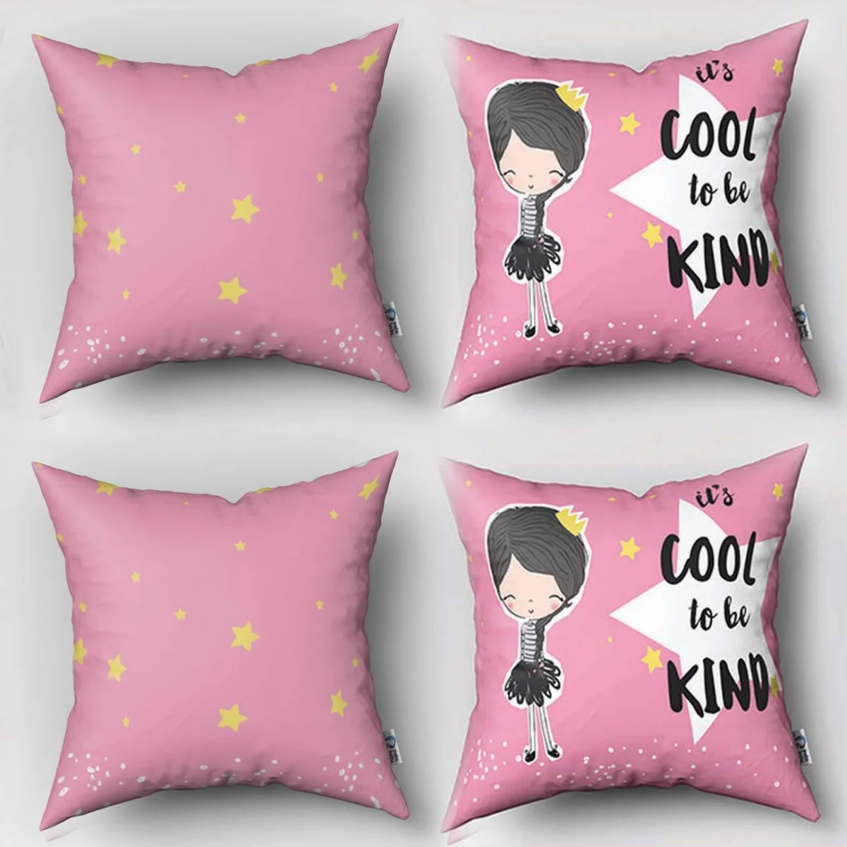 Prenses kız karakteri 4lü Kırlent | Pembe yıldızlar, noktalar Desenli