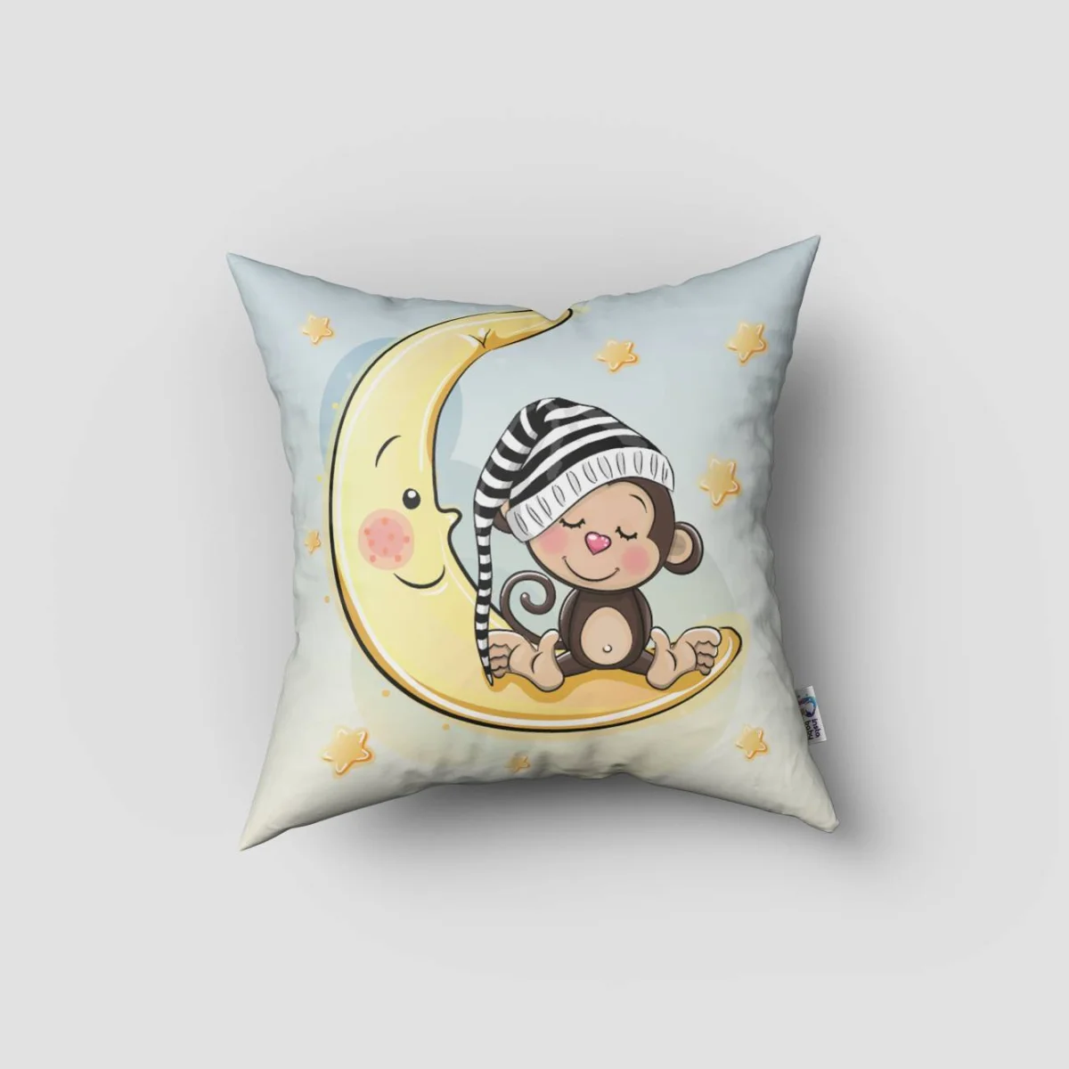 Ay ve Maymun Kırlent Kılıfı | Mavi yıldız, ay Desenli