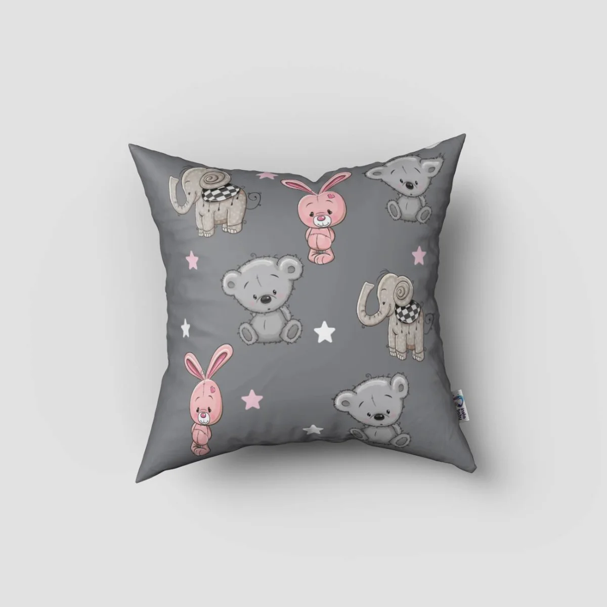 Hayvanlar Kırlent Kılıfı | Gri yıldızlar, seksek oyunu Desenli