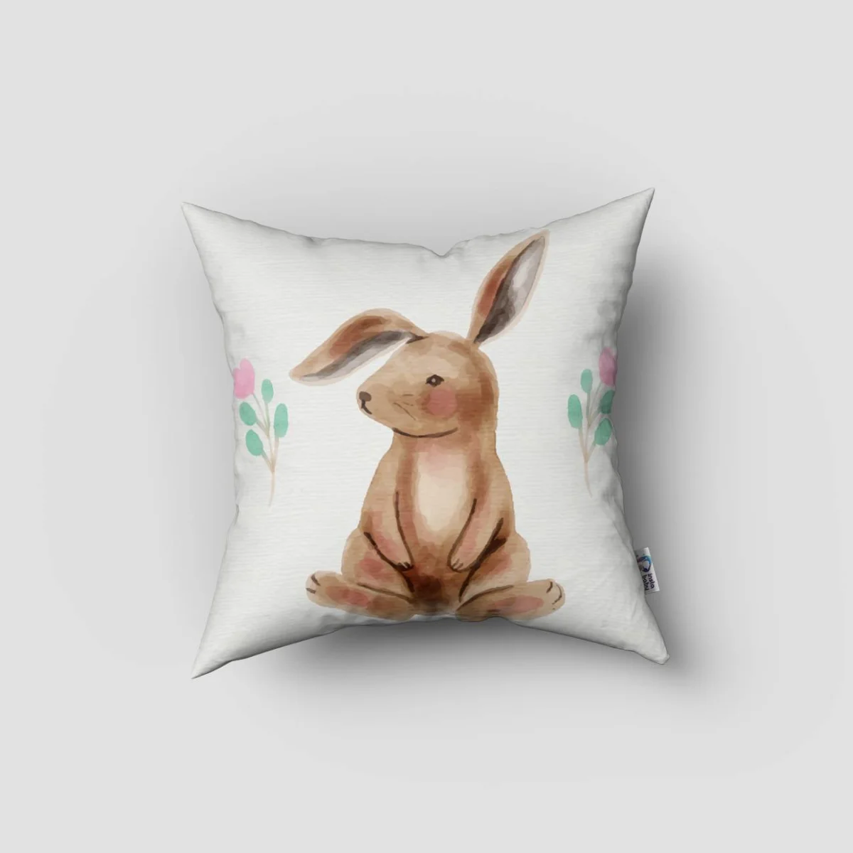 Tavşanlar Kırlent Kılıfı | Beyaz pembe çiçekler, yeşil yapraklar Desenli