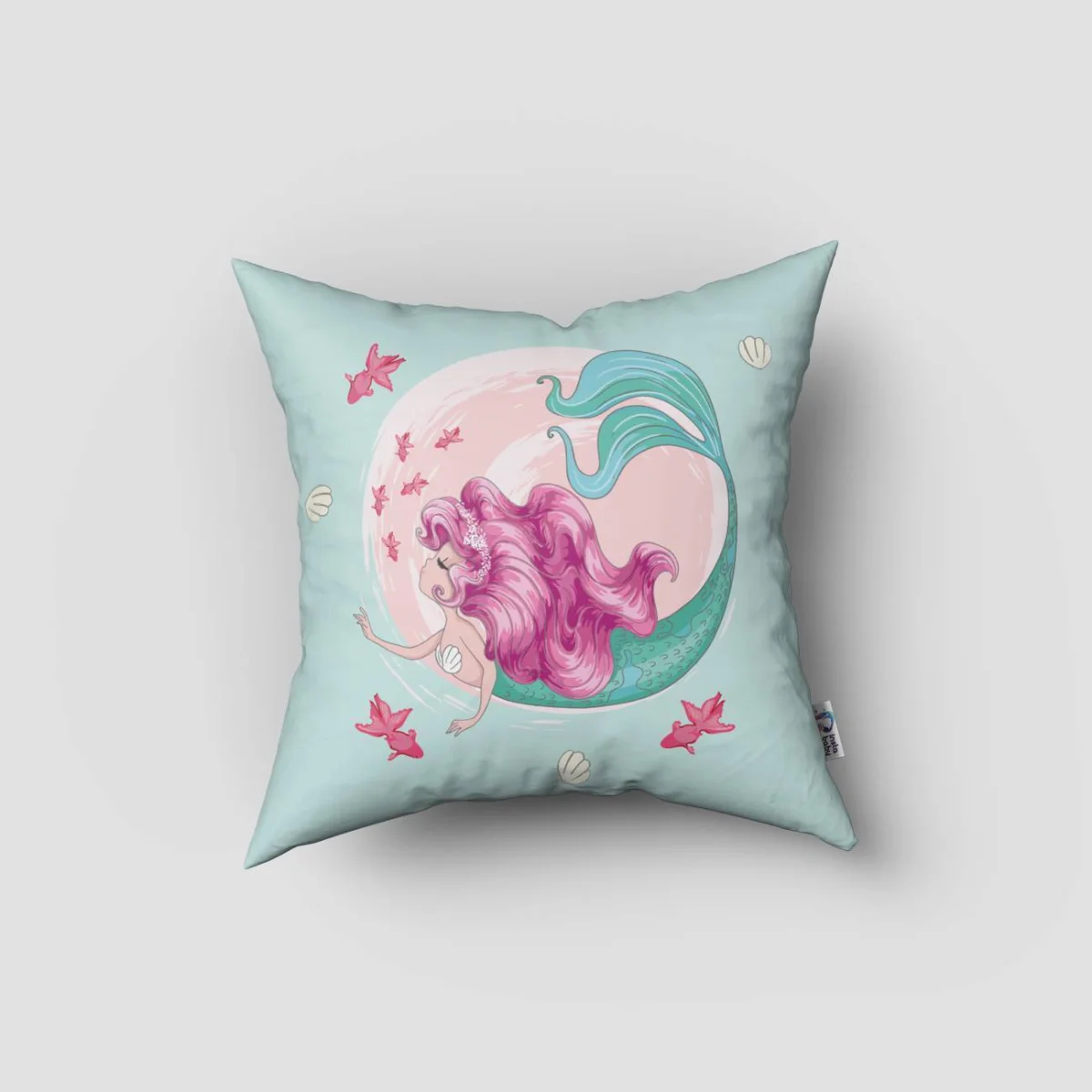 Deniz Kızı Kırlent Kılıfı | Mavi pembe balıklar, deniz kabukları Desenli