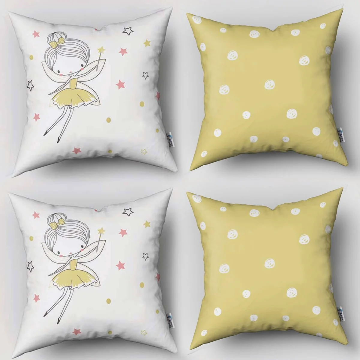 Peri Kız 4lü Kırlent | Beyaz yıldızlar, noktalar Desenli