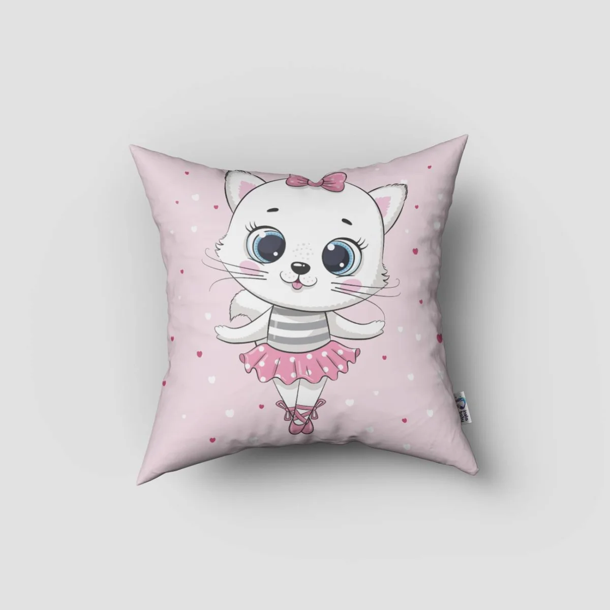 Balerin Kedi Kırlent Kılıfı | Pembe Kalp Desenli