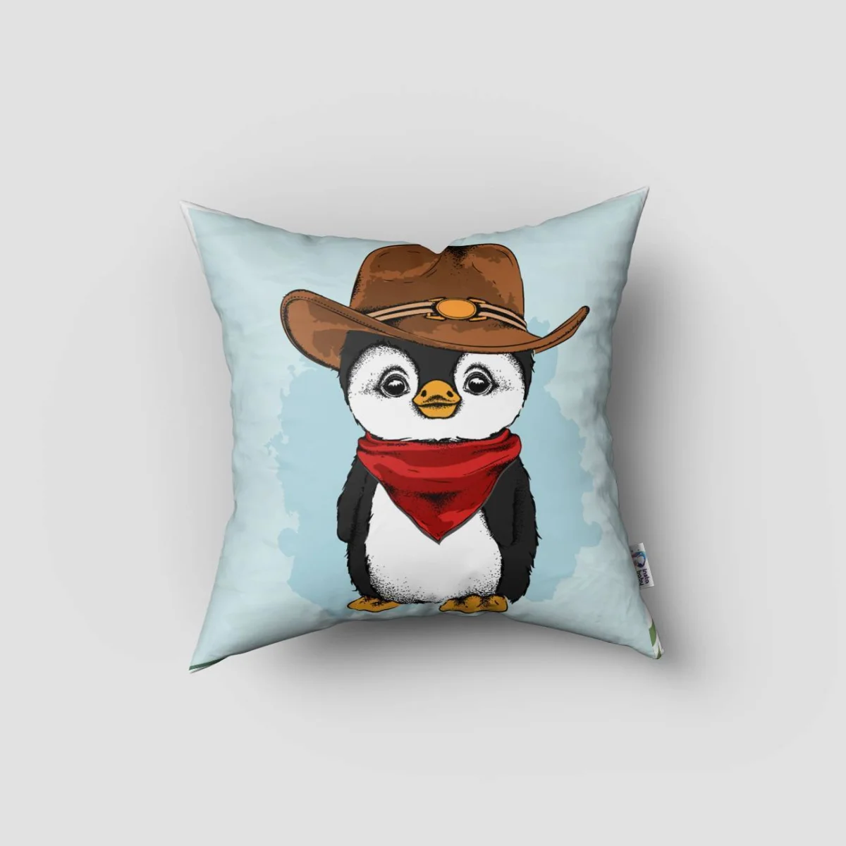 Kovboy Penguen Kırlent Kılıfı | Mavi Soyut su sıçramaları Desenli