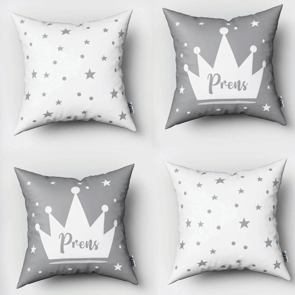 Prens 4lü Kırlent | Mavi Taç, yıldızlar ve noktalar Desenli