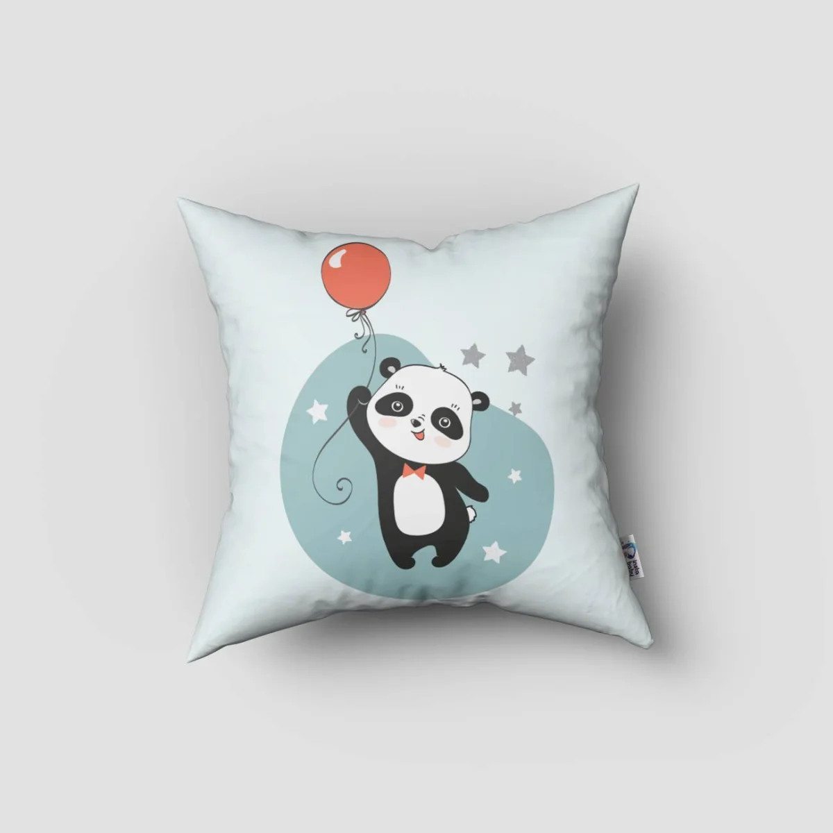 Panda Kırlent Kılıfı | Açık Mavi balon, yıldız Desenli