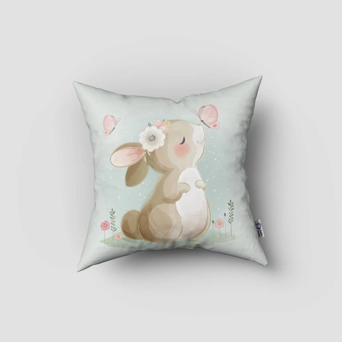 Tavşan Kırlent Kılıfı | Açık Mavi kelebekler, çiçekler Desenli