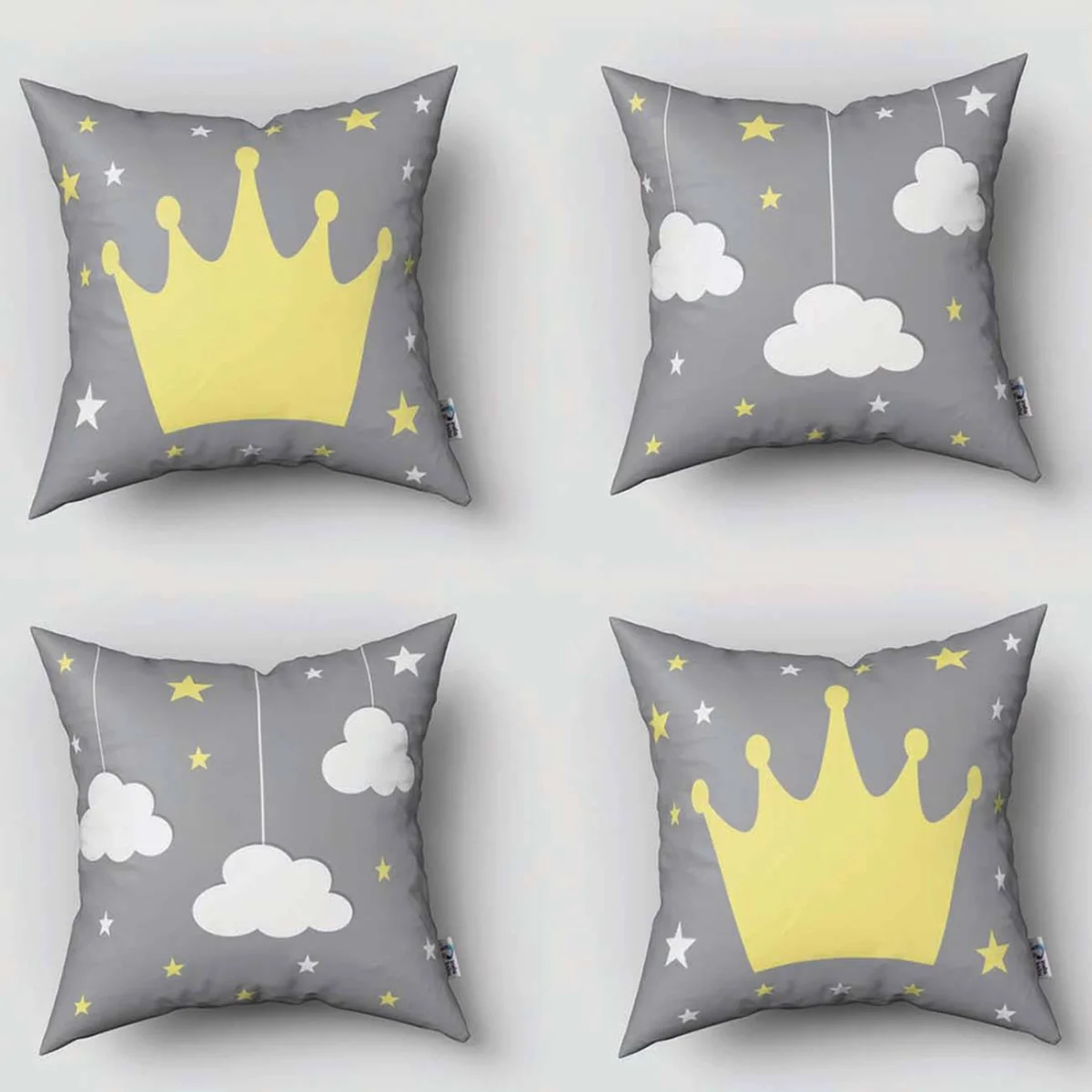 Taç 4lü Kırlent | Gri yıldız, bulut Desenli