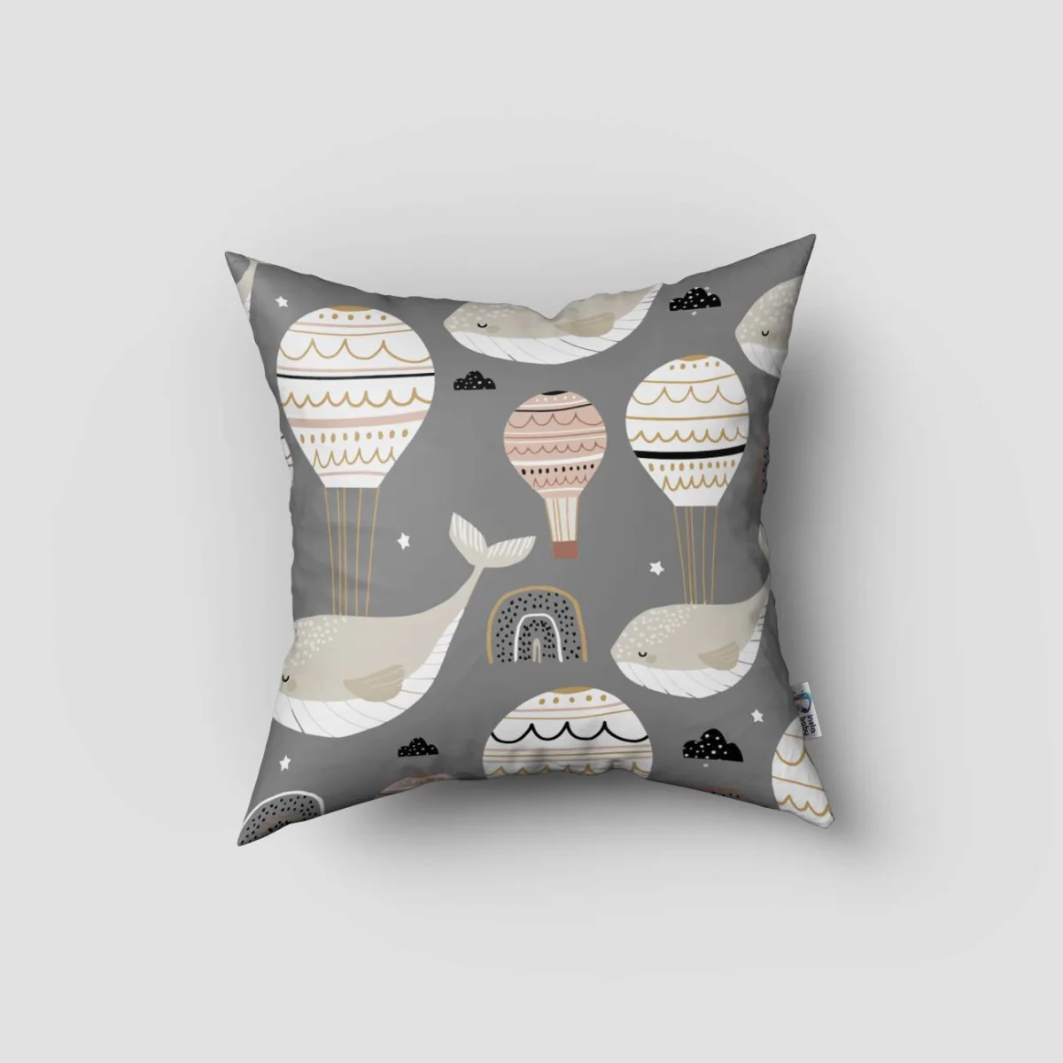 Balina ve Sıcak Hava Balonu Kırlent Kılıfı | Gri gökkuşağı, sıcak hava balonu Desenli