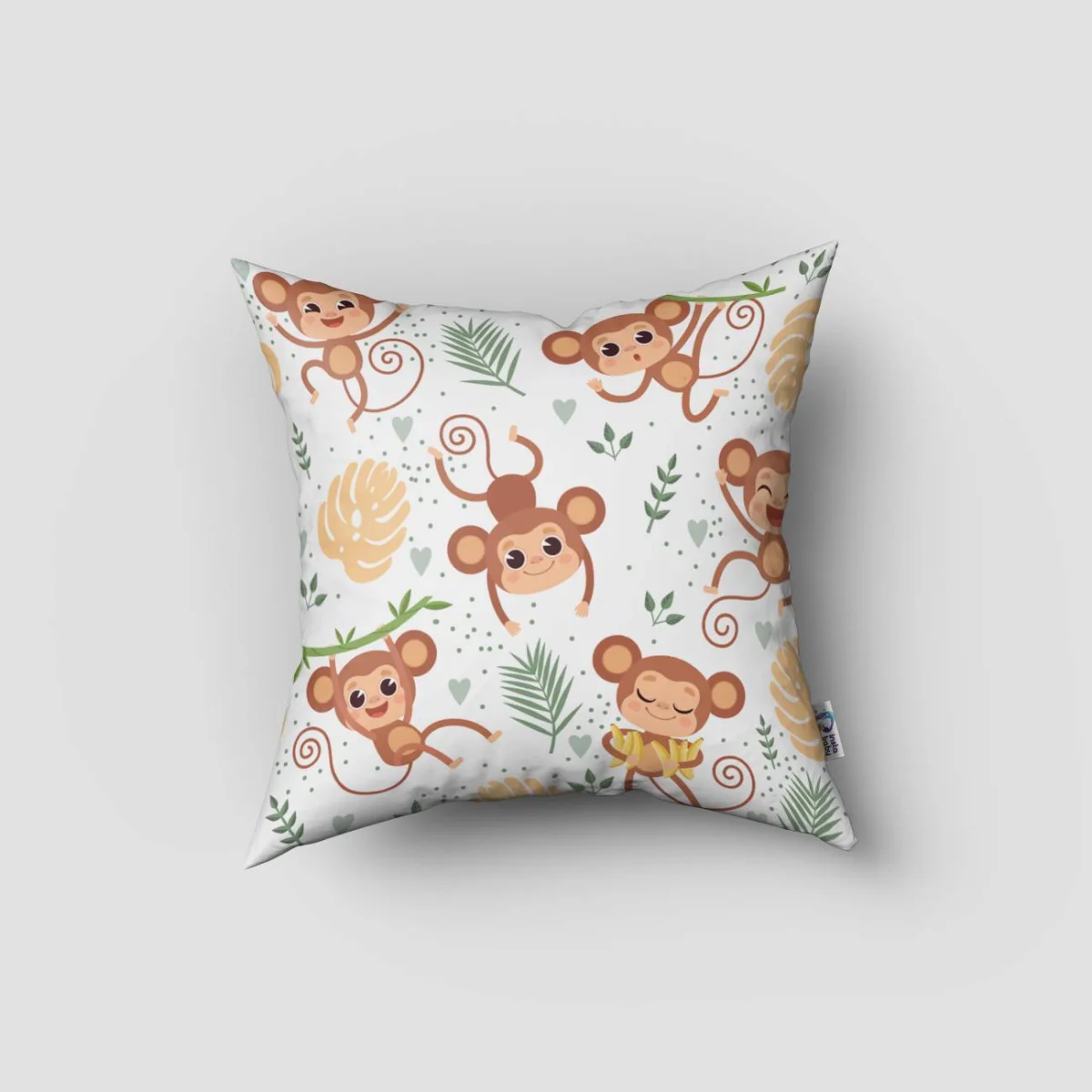 Maymunlar Kırlent Kılıfı | Beyaz tropikal yapraklar, muzlar Desenli