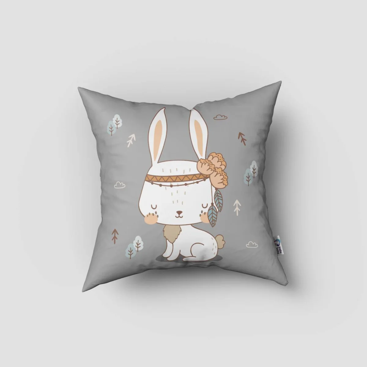 Orman Hayvanları/Tavşan Kırlent Kılıfı | Gri Oklar, ağaçlar Desenli