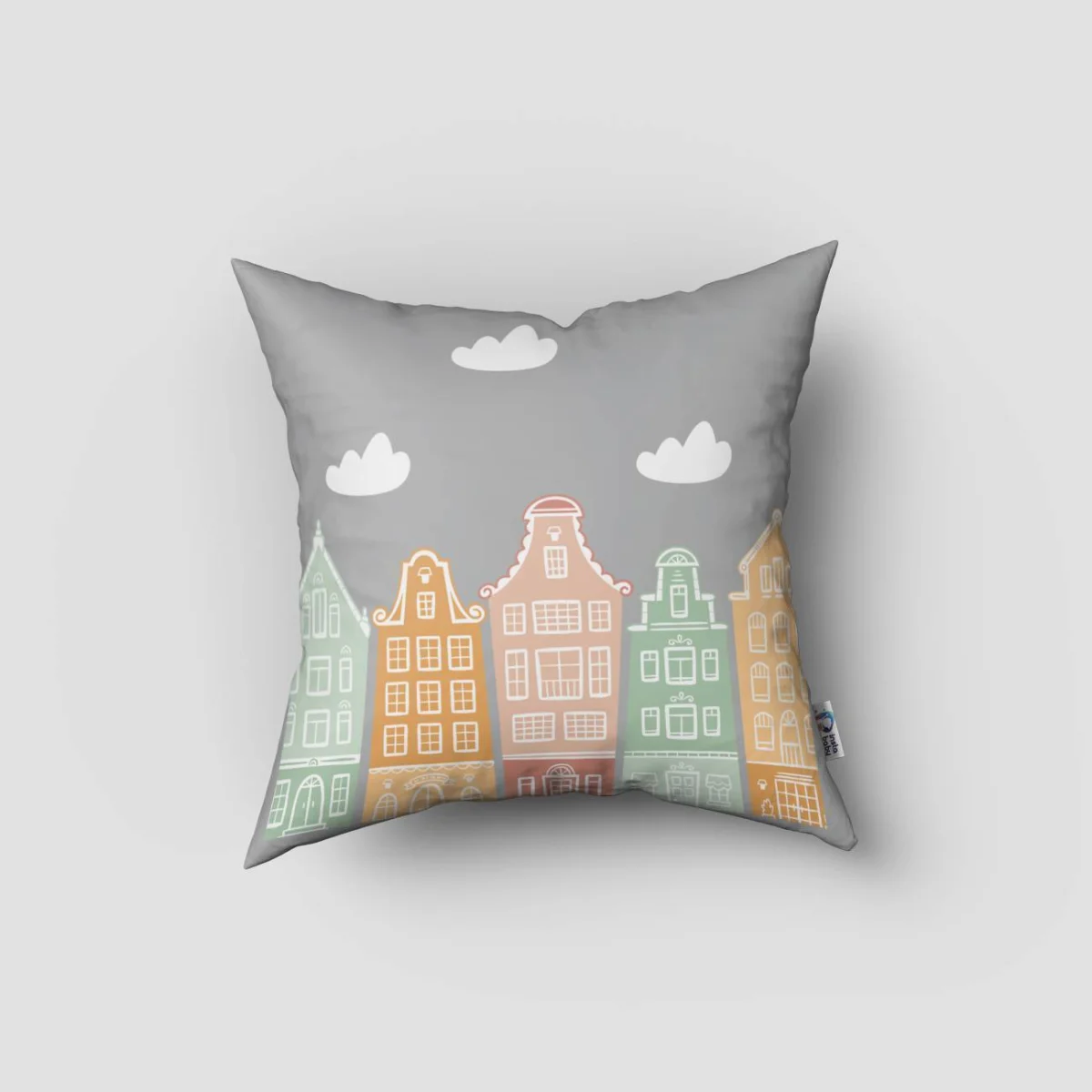 Evler, şehir silüeti Kırlent Kılıfı | Gri Bulut, renkli evler Desenli