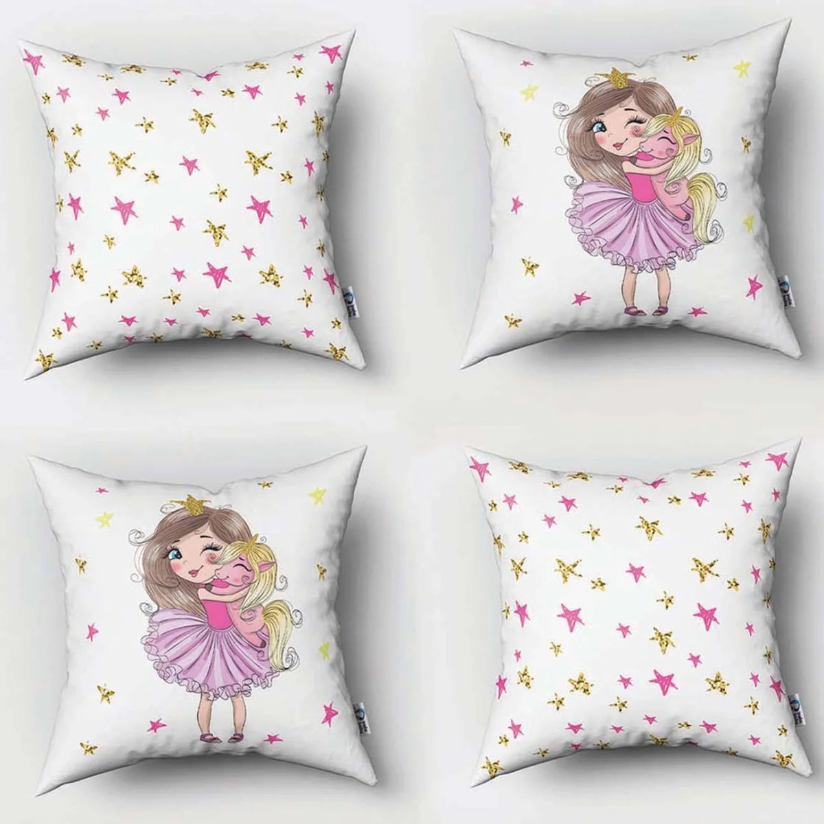 Prenses ve Unicorn 4lü Kırlent | Beyaz yıldızlar, taçlar Desenli